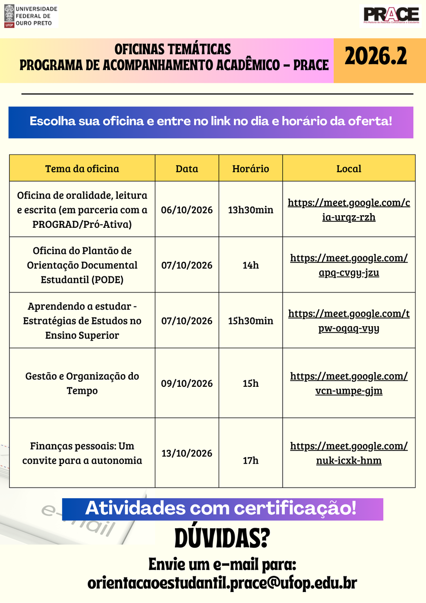 Programação de oficinas promovidas pela UFOP